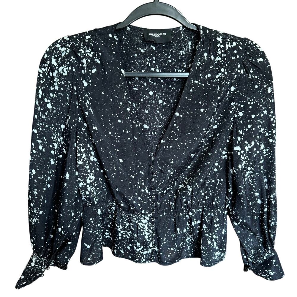 The Kooples Paint Splatter Peplum Blouse Black White Size 1 Small - Picture 3 of 11